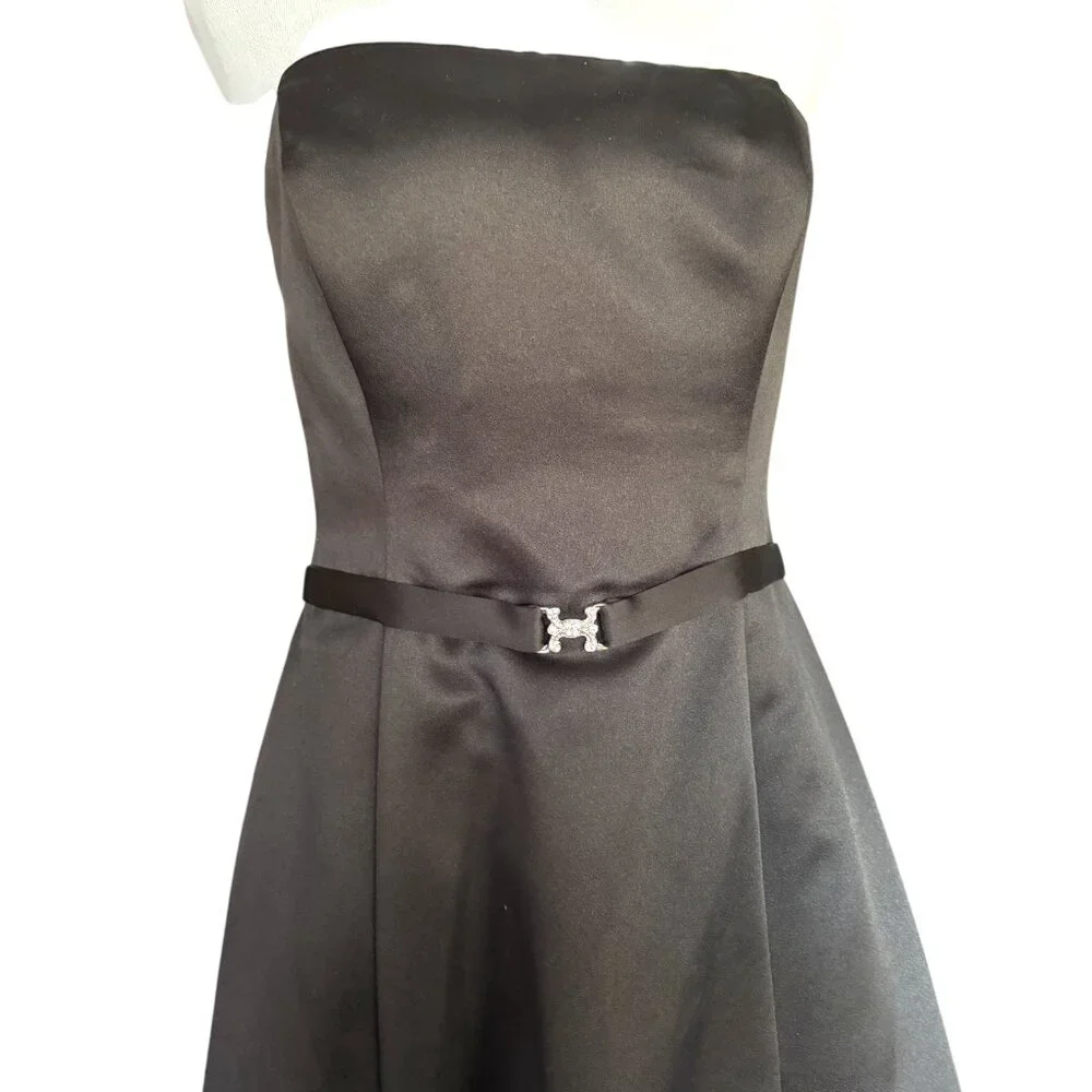 Michaelangelo black satin strapless belted tea length A-Line formal‎ dress sz 8